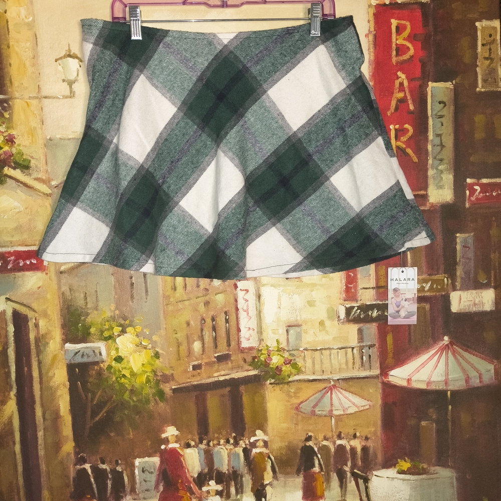 Plaid A-Line Skirt in Green and White